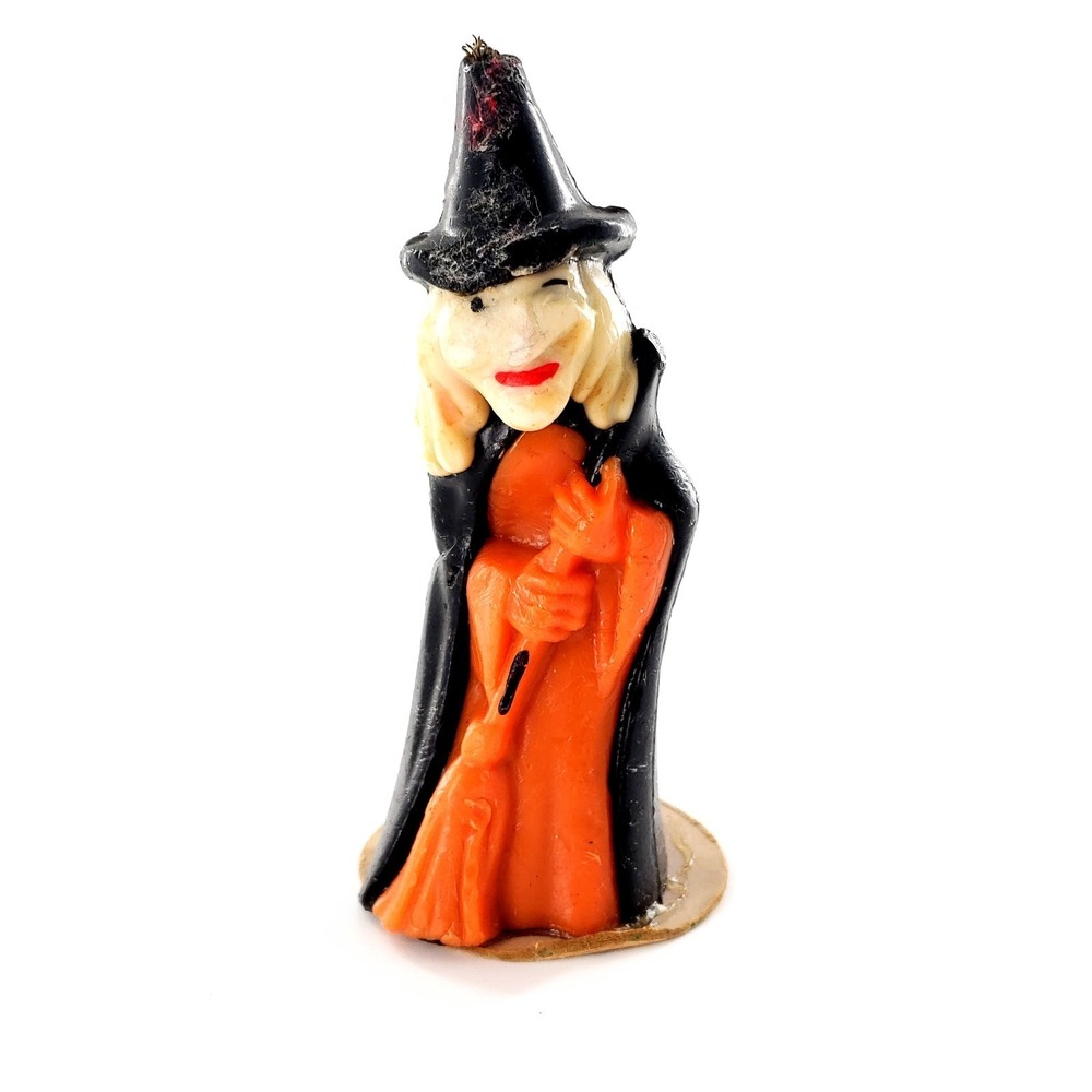 Vintage Gurley Halloween Witch Candle Figurine Black Orange Winking Face Broom